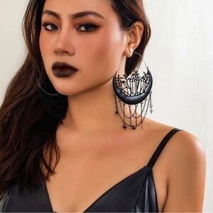 NWT Halloween Hoop Black Crescent Moon Graveyard Scary Star Tassel Goth Earrings